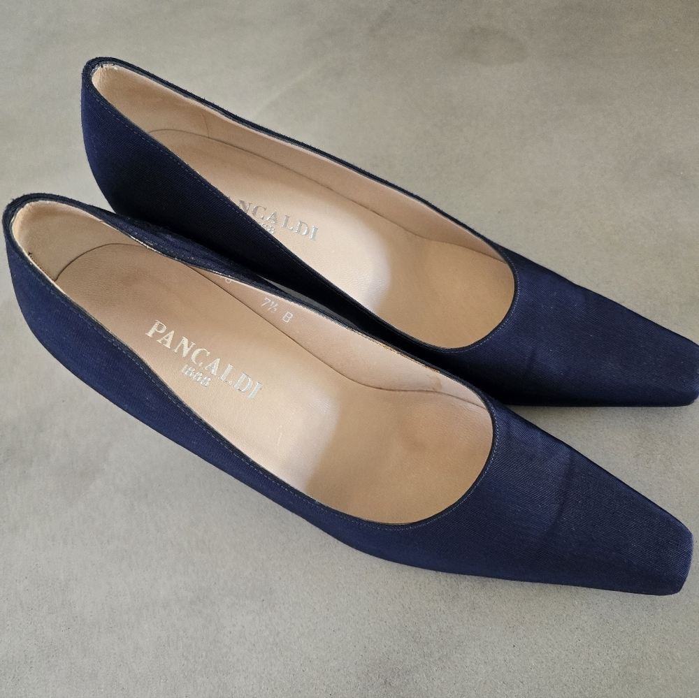 Vintage Italian Pancaldi Navy Blue Satin Evening Pump Sz 7.5